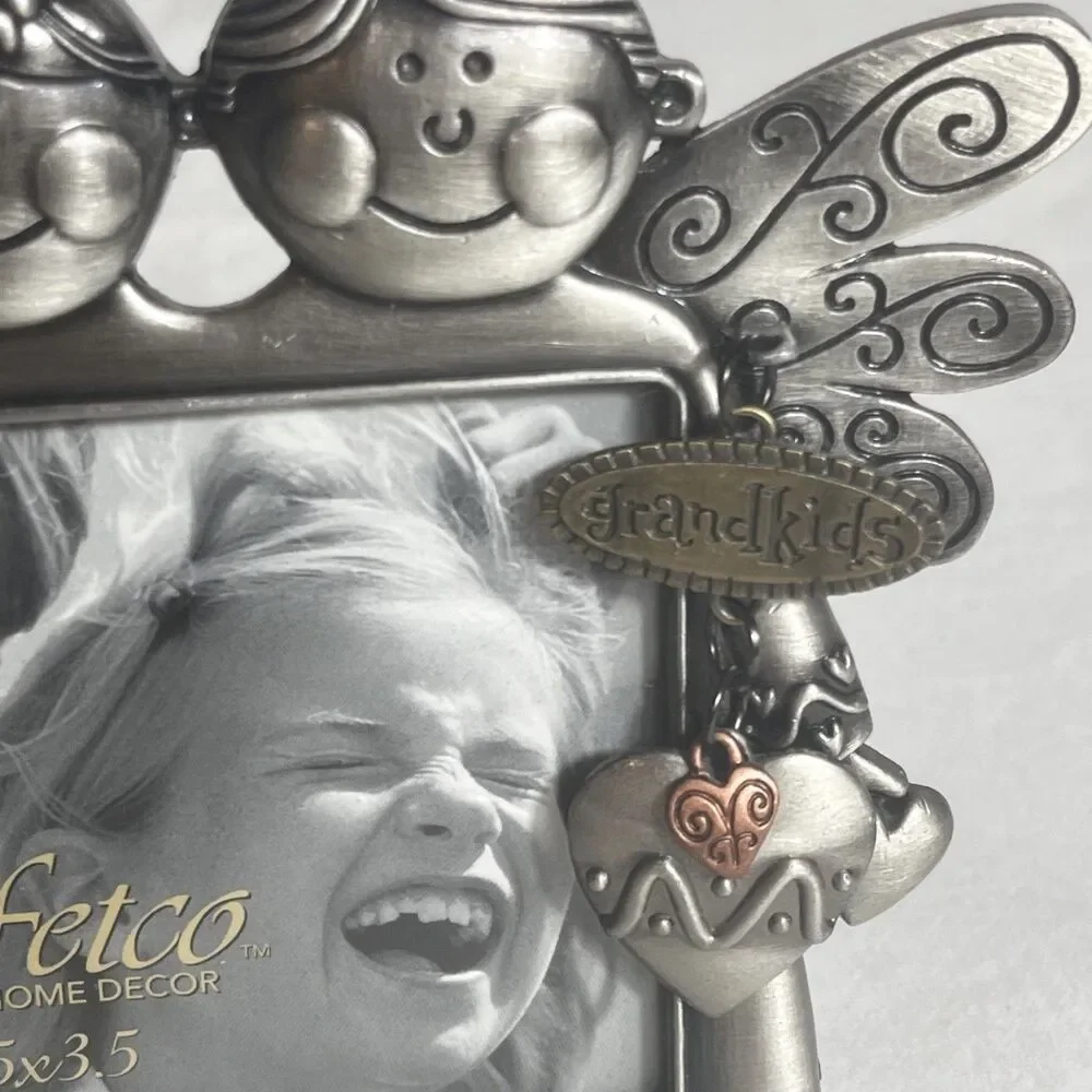 Vintage Fetco Pewter Grandkids Angel Picture Frame with Heart Charm 5x3.5 Photo